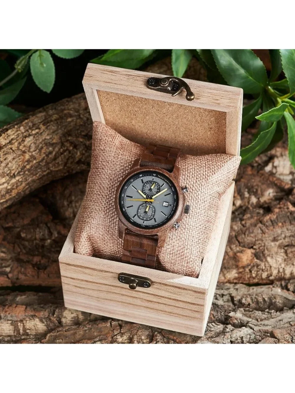 Men's Grey Analog Quartz Ultra-Light Luminous Chronograph Casual Wooden Watch